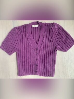 Suzi Kondi puffed Sleeve cotton Purple Ribbed Button-Front sweater